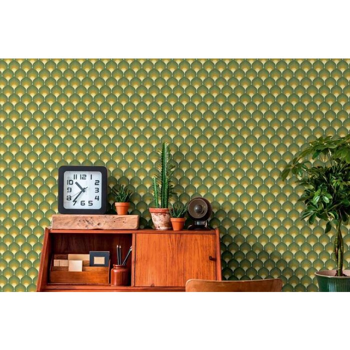 Retro stijl schubbenpatroon behang - groen, geel, bruin