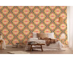 Retrobehang met lichte structuur en geometrische ornamenten - groen, oranje, rood