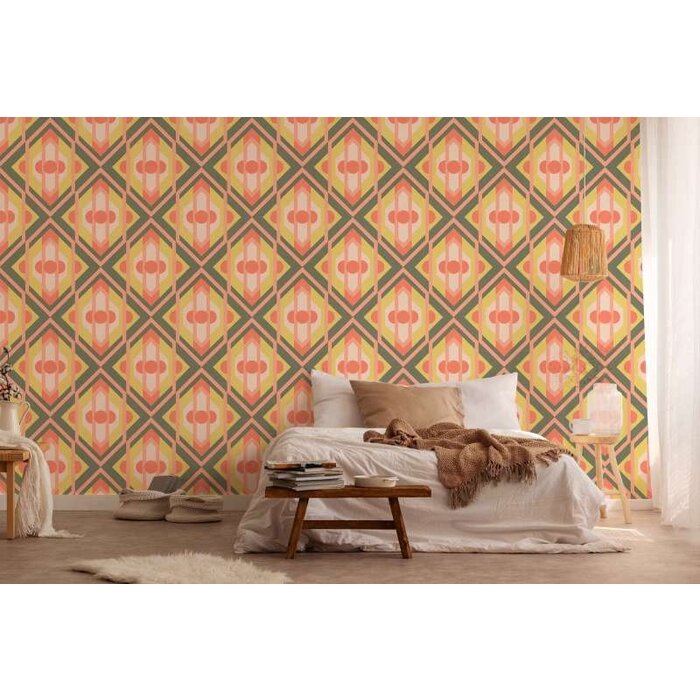 Retrobehang met lichte structuur en geometrische ornamenten - groen, oranje, rood