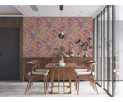 Retro vliesbehang met bloemenmotief - rood, blauw, oranje