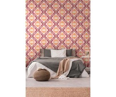 Vliesbehang met geometrische ornamenten in retrostijl - oranje, roze, wit