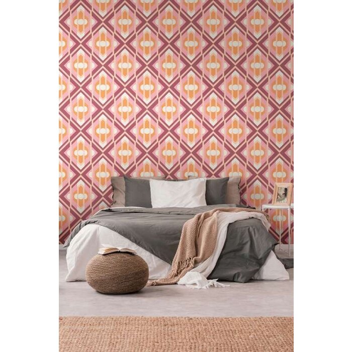 Vliesbehang met geometrische ornamenten in retrostijl - oranje, roze, wit