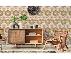 Retrostijl golven en bloemenpatroon op behang met lichte structuur - roze, groen, crème