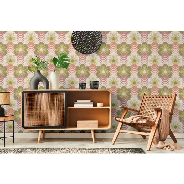 Retrostijl golven en bloemenpatroon op behang met lichte structuur - roze, groen, crème