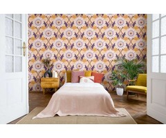 Retro behang met bloemenpatroon - beige, geel, paars