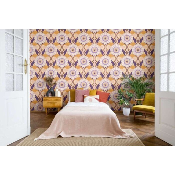 Retro behang met bloemenpatroon - beige, geel, paars