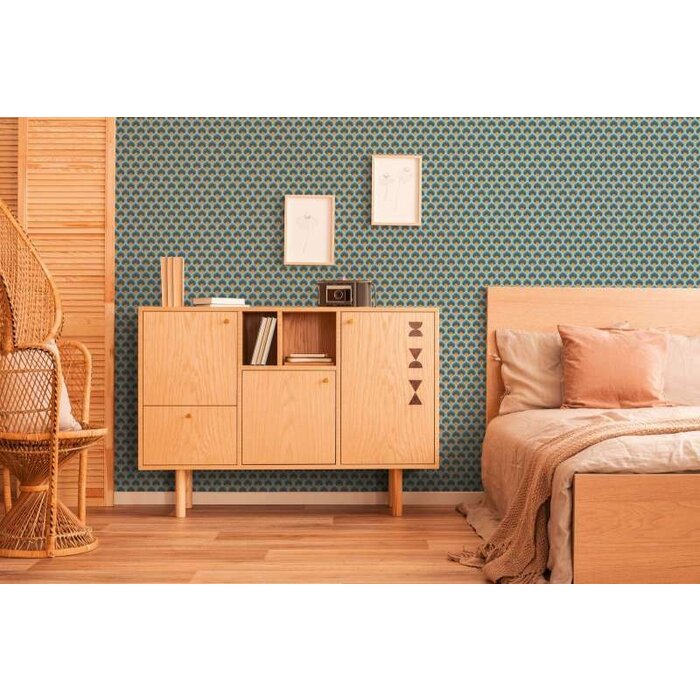 Vliesbehang met retroschaalpatroon - blauw, bruin, geel