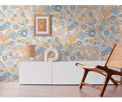 Vliesbehang met bloemenpatroon in retrostijl - blauw, oranje, grijs