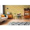 Bloemrijk retro behang met lichte structuur - geel, groen, bruin