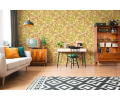 Bloemrijk retro behang met lichte structuur - geel, groen, bruin
