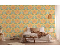 Retrobehang met lichte structuur en bloemenpatroon - blauw, geel, groen