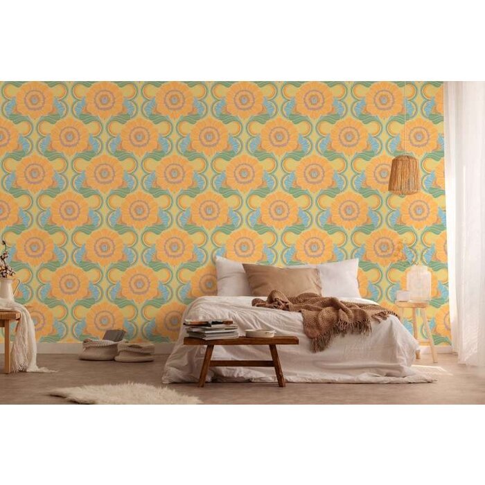 Retrobehang met lichte structuur en bloemenpatroon - blauw, geel, groen