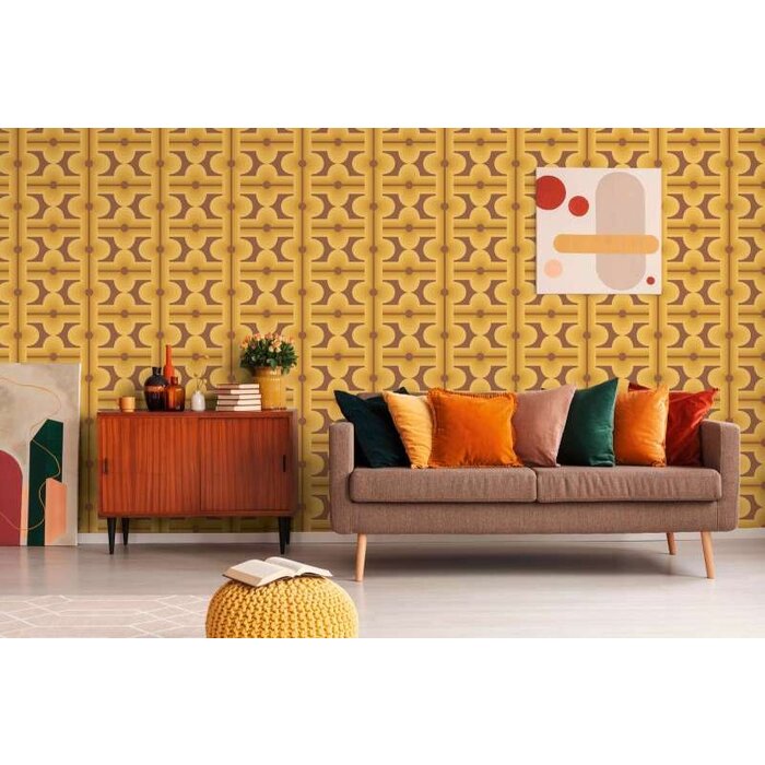 Abstracte patronen op jaren 70 vliesbehang in warme kleuren - bruin, geel, oranje