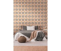 Licht getextureerd behang met golven en bloemenpatroon - Beige, Bruin, Blauw