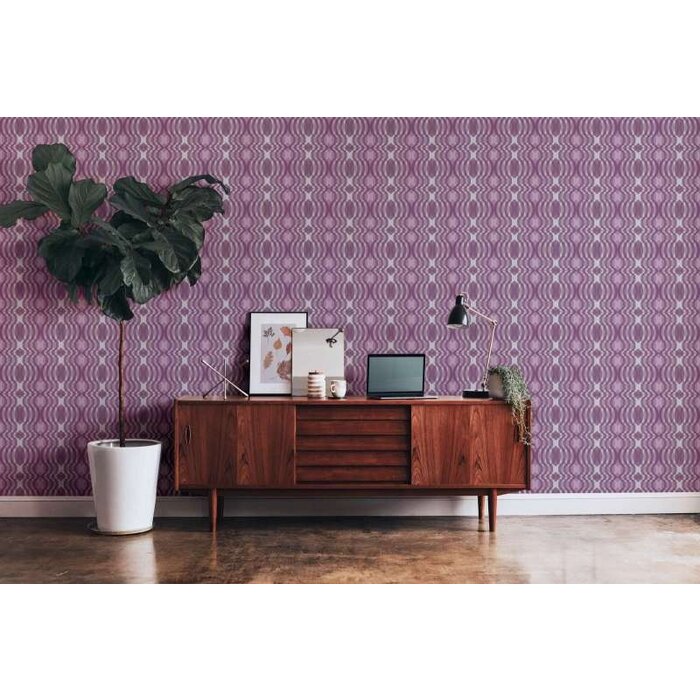 Vliesbehang met geometrisch patroon in retrostijl - paars, crème, wit