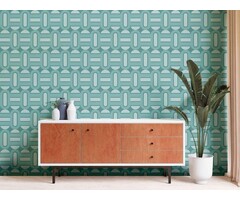 Licht gestructureerd behang met ovalen en balken in retrostijl - turquoise, blauw, lichtblauw