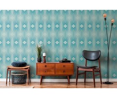 Ruitpatroon op retro vliesbehang - blauw, lichtblauw, turquoise