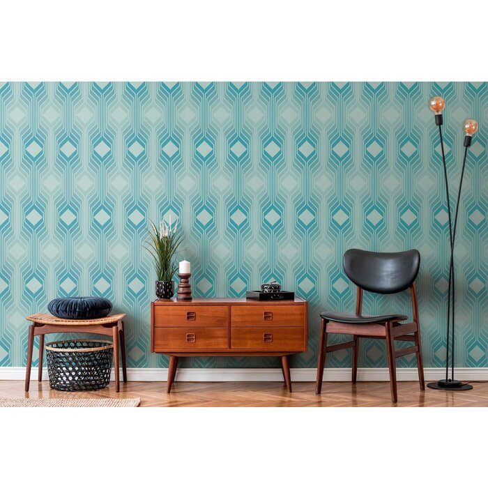 Ruitpatroon op retro vliesbehang - blauw, lichtblauw, turquoise