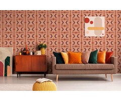 Vliesbehang met abstract patroon in retrostijl - rood, oranje