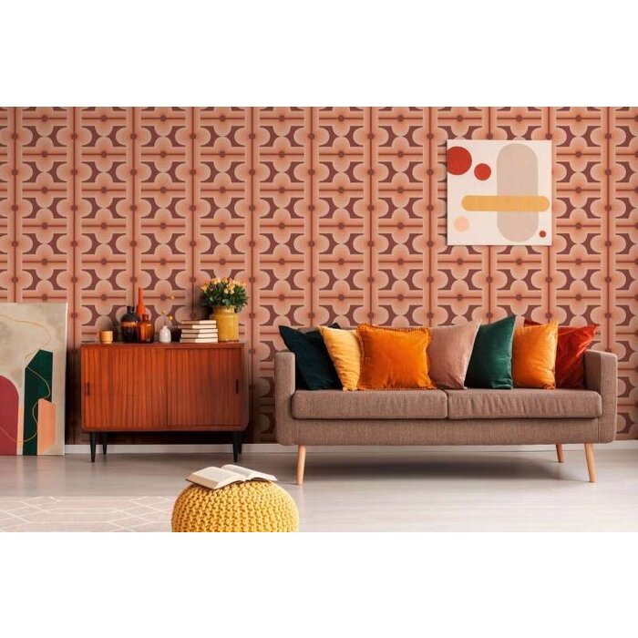 Vliesbehang met abstract patroon in retrostijl - rood, oranje