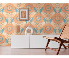 Bloemrijkvliesbehang in retrostijl - beige, turquoise, oranje