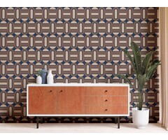 Onderlaag behang in retrostijl versierd met ovalen en balken - blauw, bruin, beige