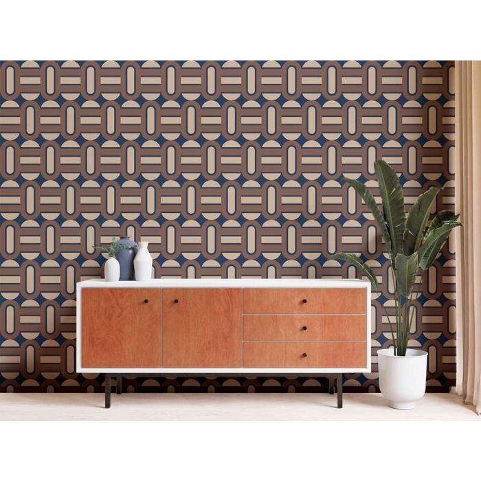 Onderlaag behang in retrostijl versierd met ovalen en balken - blauw, bruin, beige