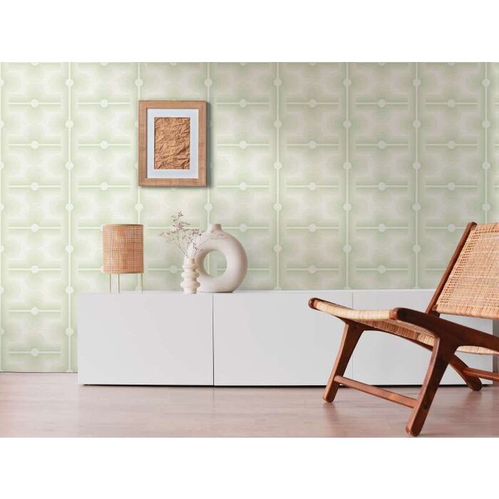 Retropatroon op vliesbehang in lichtgroen - groen, crème