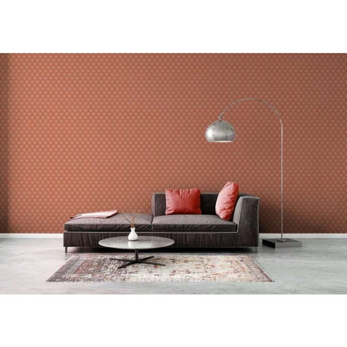 Retro vliesbehang met schubbenpatroon in warme kleuren - oranje, rood, roze