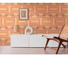 Retro vliesbehang versierd met ovalen en balken in warme kleuren - bruin, geel, oranje