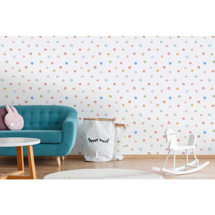 Kinderkamer behang aquarel stippen - kleurrijk, wit, blauw