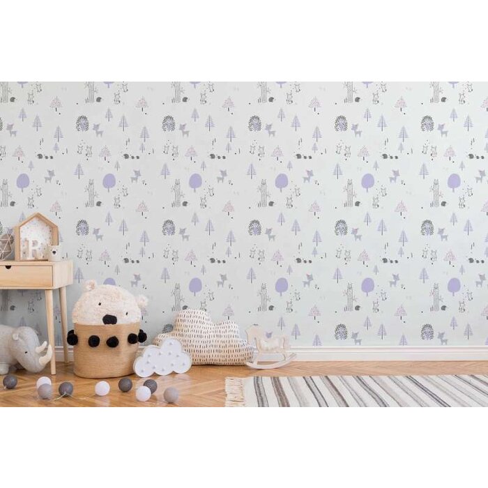 Kinderkamer behang bosdieren - paars, wit, grijs