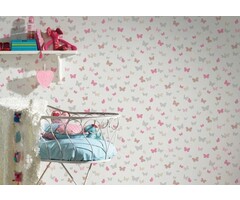 Vlinder & Metallic Kleuren Behang voor Meisjes - Wit, Roze