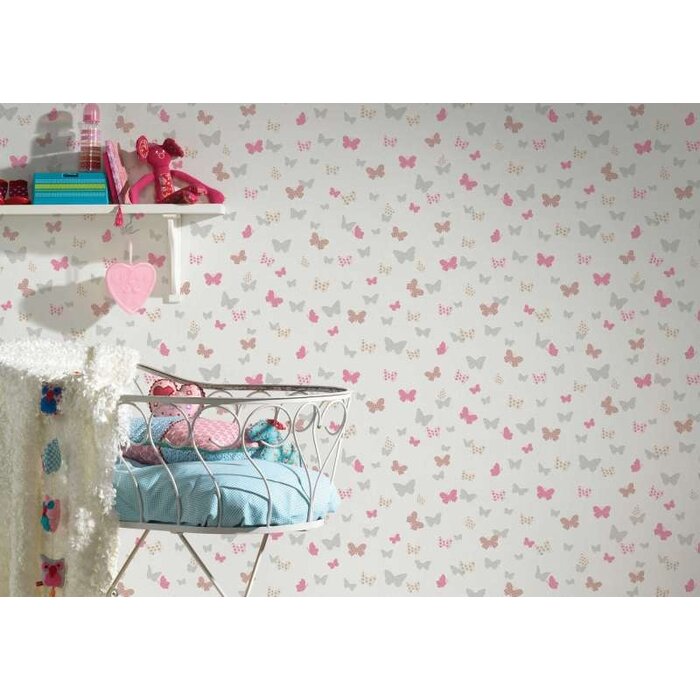 Vlinder & Metallic Kleuren Behang voor Meisjes - Wit, Roze