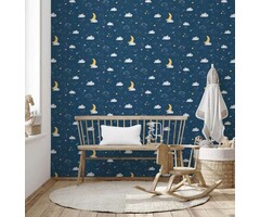 Kinderkamer behang nachtelijke hemel - blauw, wit, geel