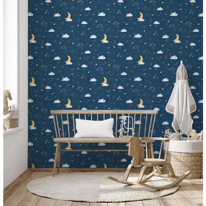 Kinderkamer behang nachtelijke hemel - blauw, wit, geel