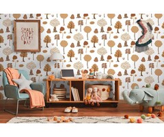 Bosmotief vliesbehang met herfstbomen - crème, bruin