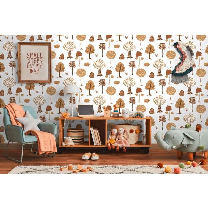 Bosmotief vliesbehang met herfstbomen - crème, bruin