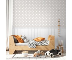 Onderlaag behang met vliesmotief, plintrand met houteffect en stippenpatroon - wit, grijs