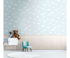 Onderlaag behang met vliesmotief, plintrand met houteffect en wolkenpatroon - blauw, wit, grijs