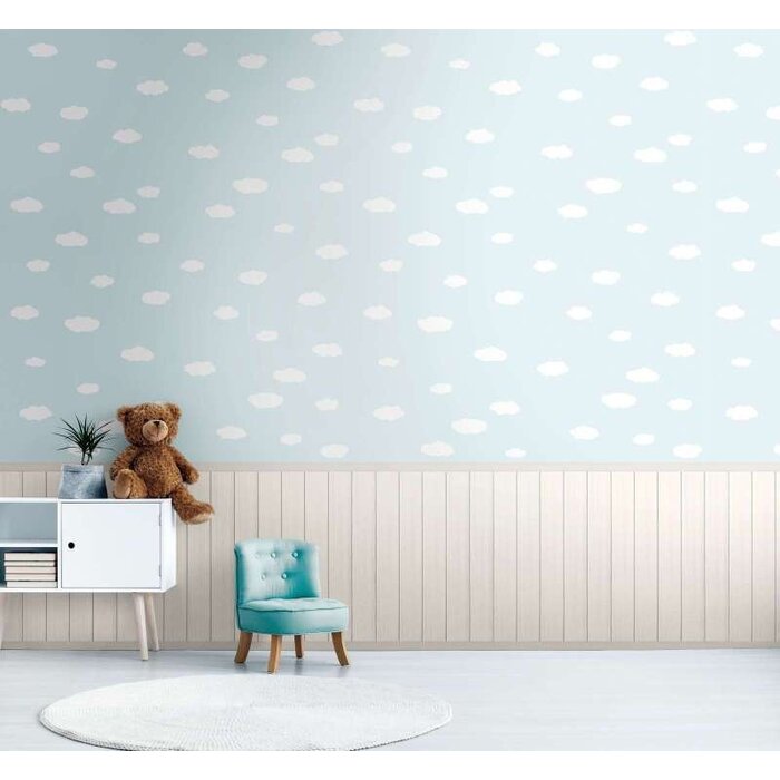 Onderlaag behang met vliesmotief, plintrand met houteffect en wolkenpatroon - blauw, wit, grijs