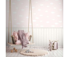 Onderlaag behang met vliesmotief, plintrand met houteffect en wolkenpatroon - roze, wit, grijs
