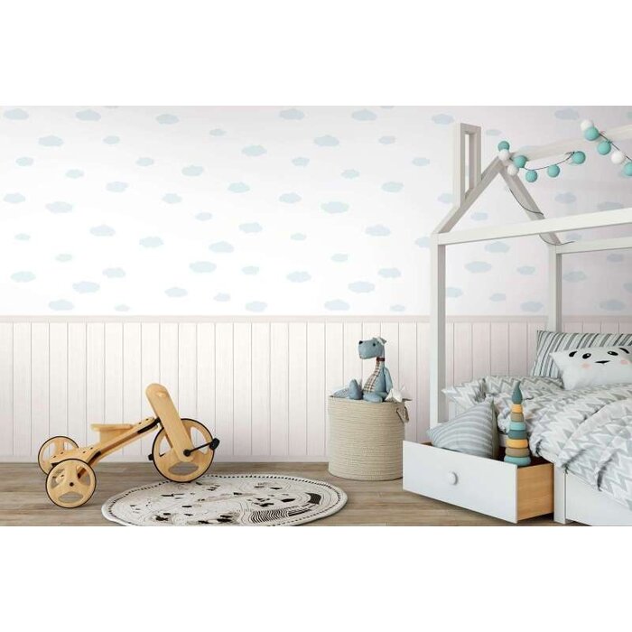 Onderlaag behang met vliesmotief, plintrand met houteffect en wolkenpatroon - wit, blauw, grijs