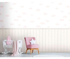 Onderlaag behang met vliesmotief, plintrand met houteffect en wolkenpatroon - wit, roze, grijs