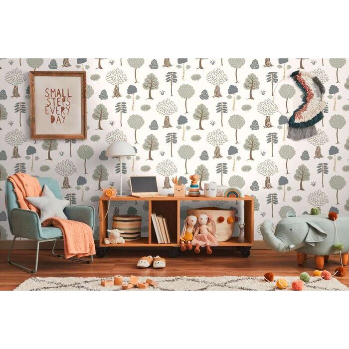Vliesbehang met minimalistisch bosmotief met bomen - crème, groen, bruin
