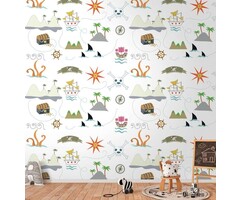 Kindervliesbehang met piratensymbolen - kleurrijk, crème, grijs