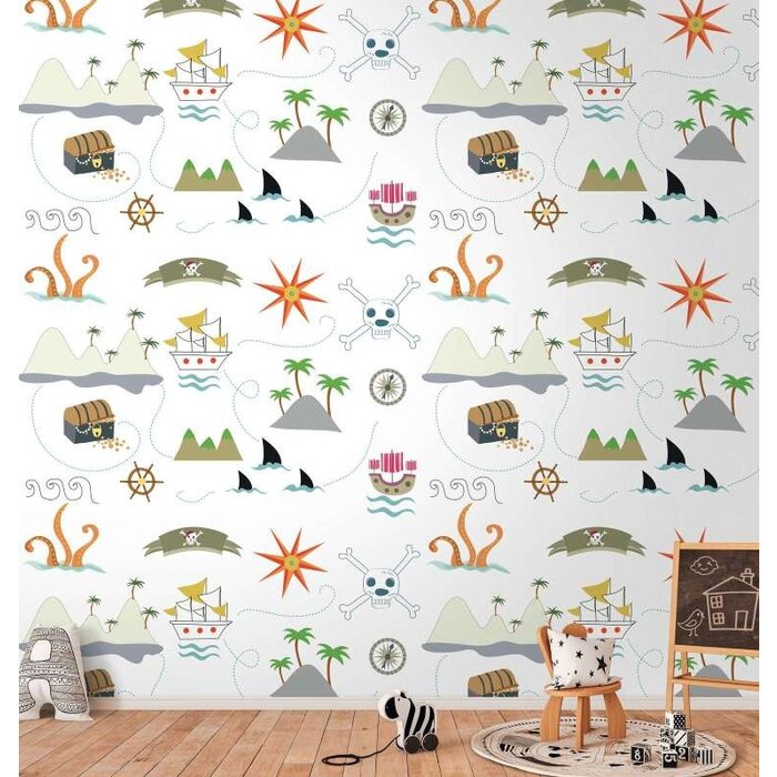 Kindervliesbehang met piratensymbolen - kleurrijk, crème, grijs