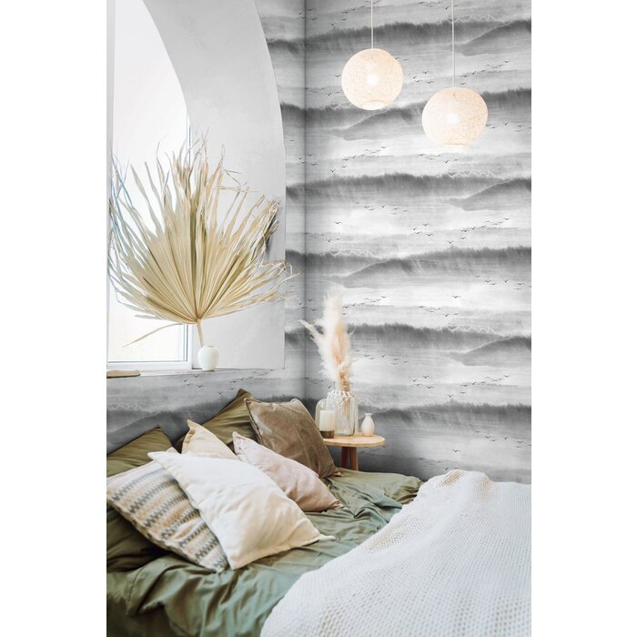 Behang met lucht en vogel print