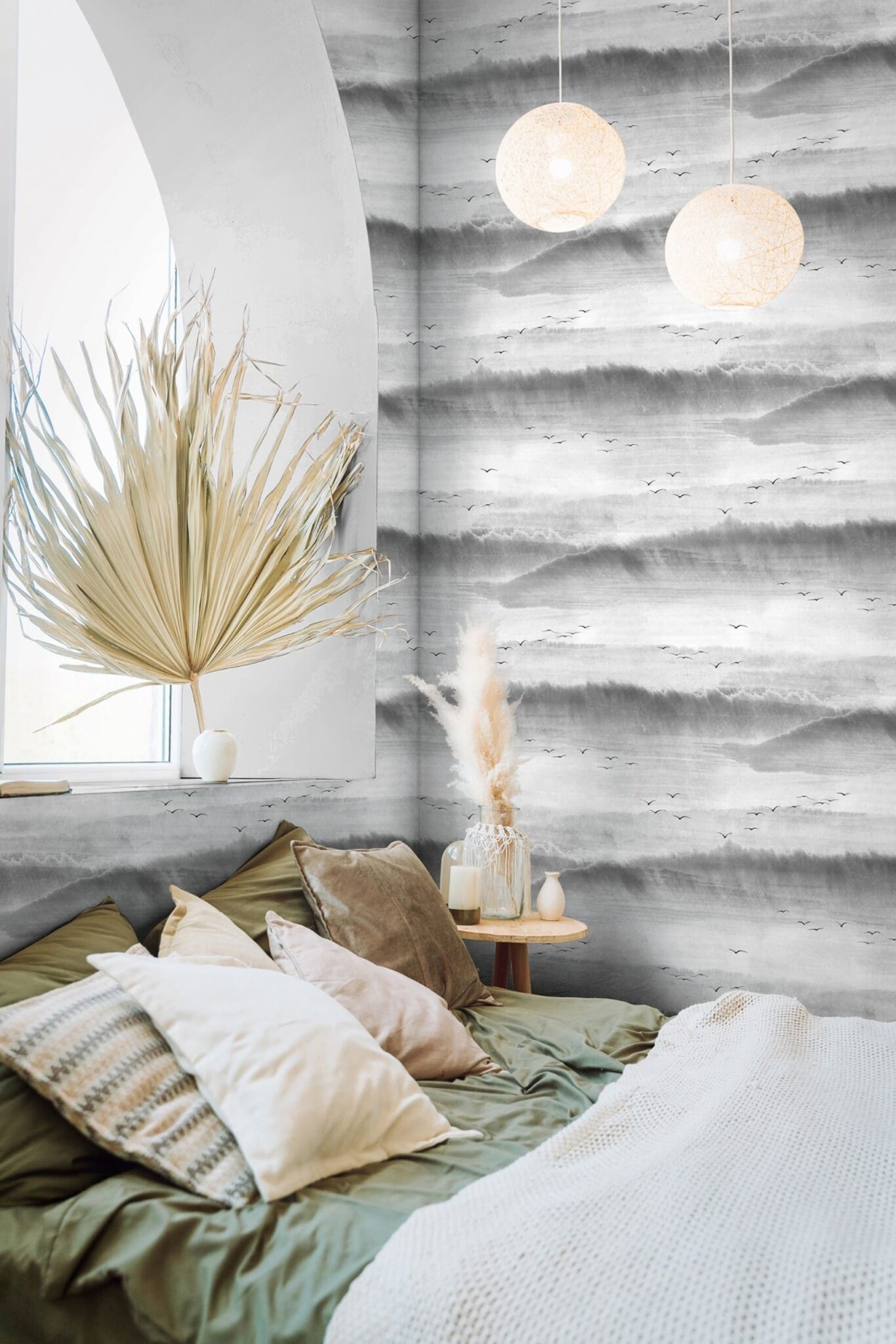 Behang met lucht en vogel print