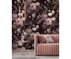 Fotobehang met grote rozen, bloemen en vlinders